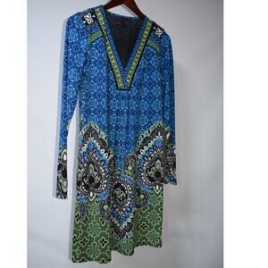 Hale Bob Small Blue Green Paisley Beaded V Neck Long Sleeve Jersey Dress